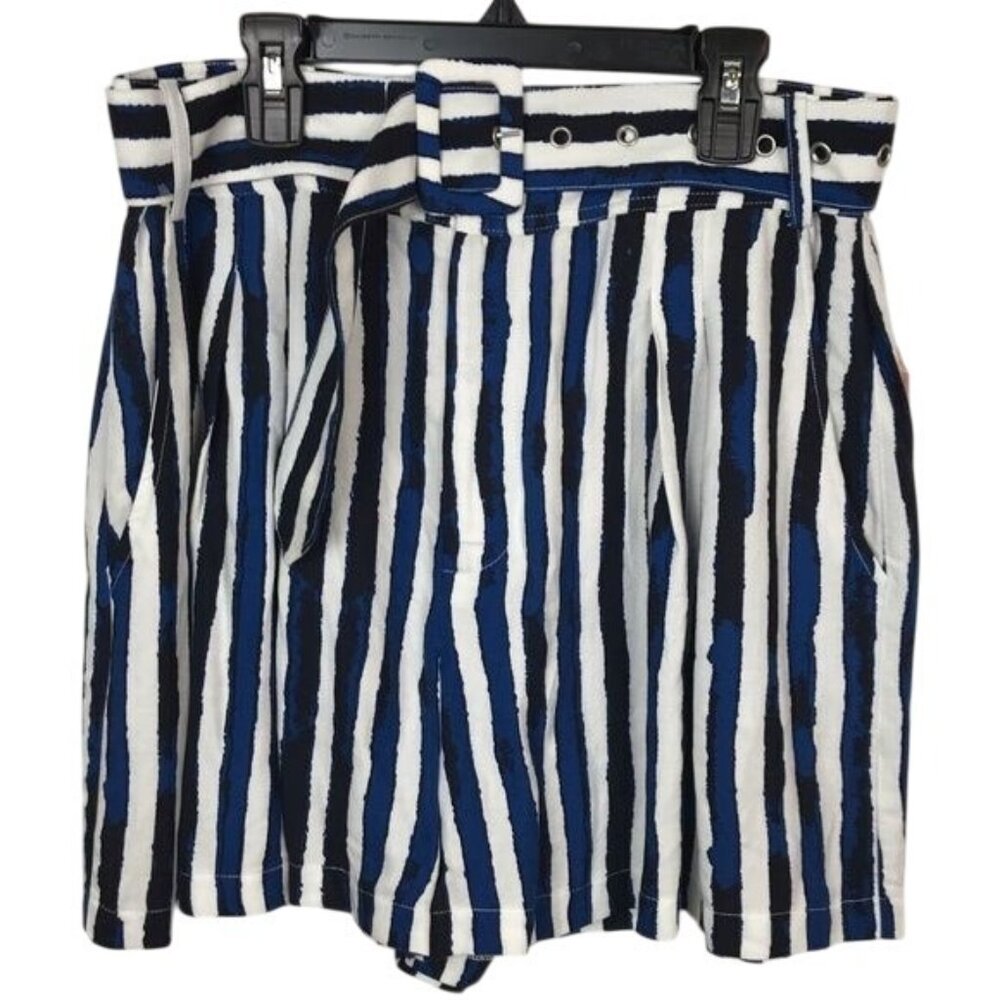 Inspired Hearts Women Large Blue Vertical Stripe‎ Nautical Belted Dress Shorts